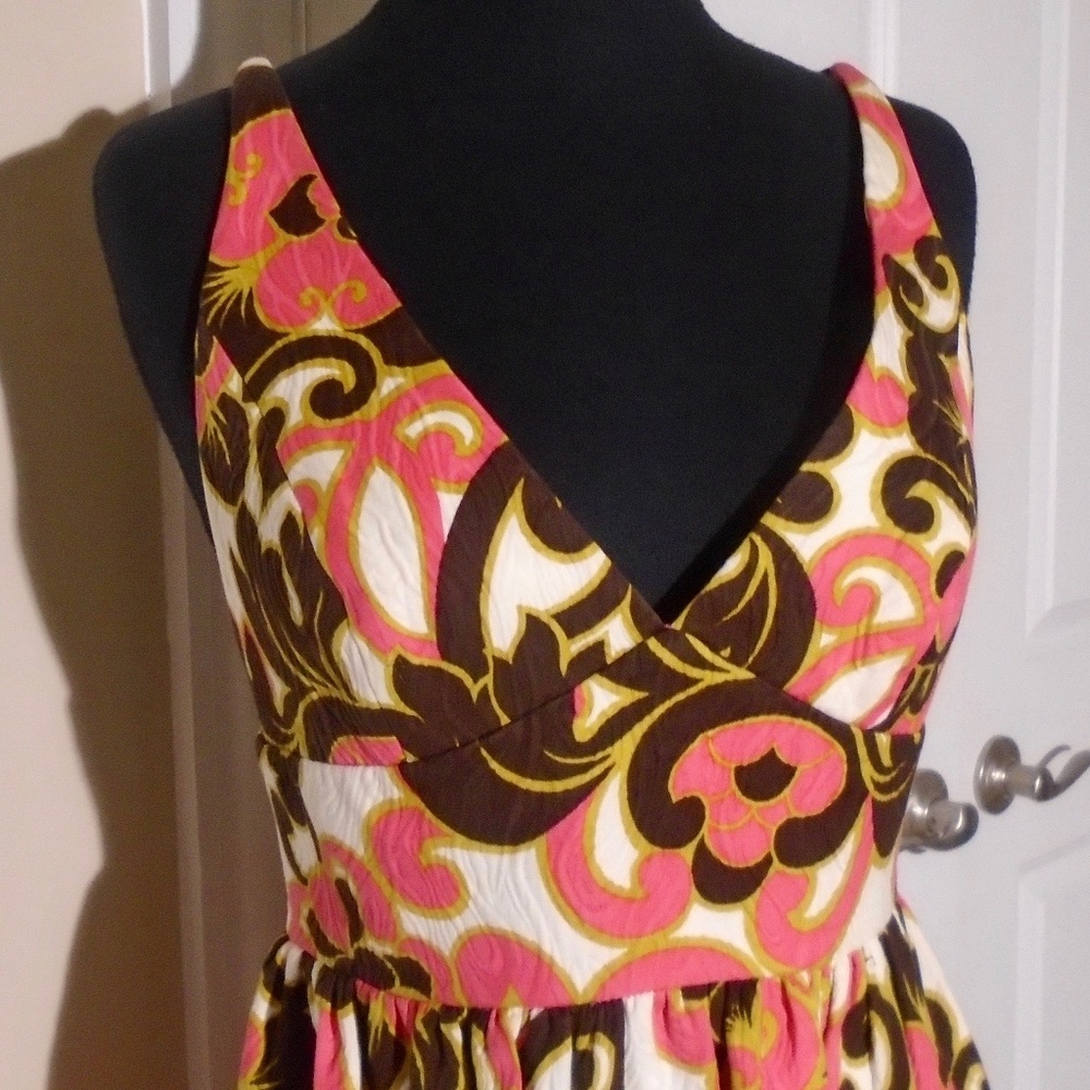 MILLY Cotton Brocade V-Neck Sleeveless Sun Dress